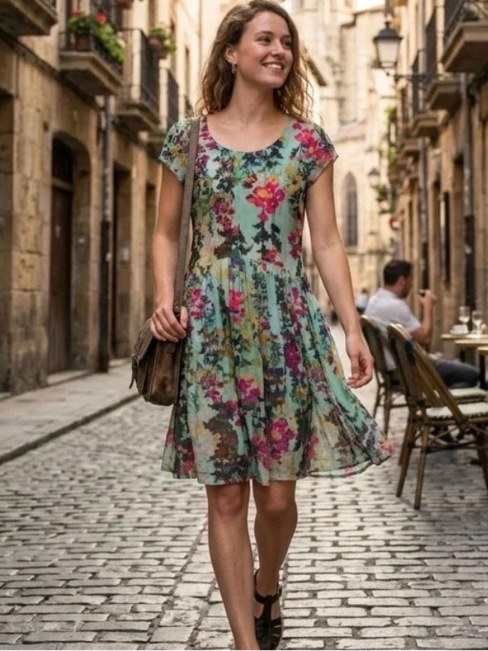 Peruvian Connection Floral Print Dress Short Sleeve Pockets Teal Pink Large